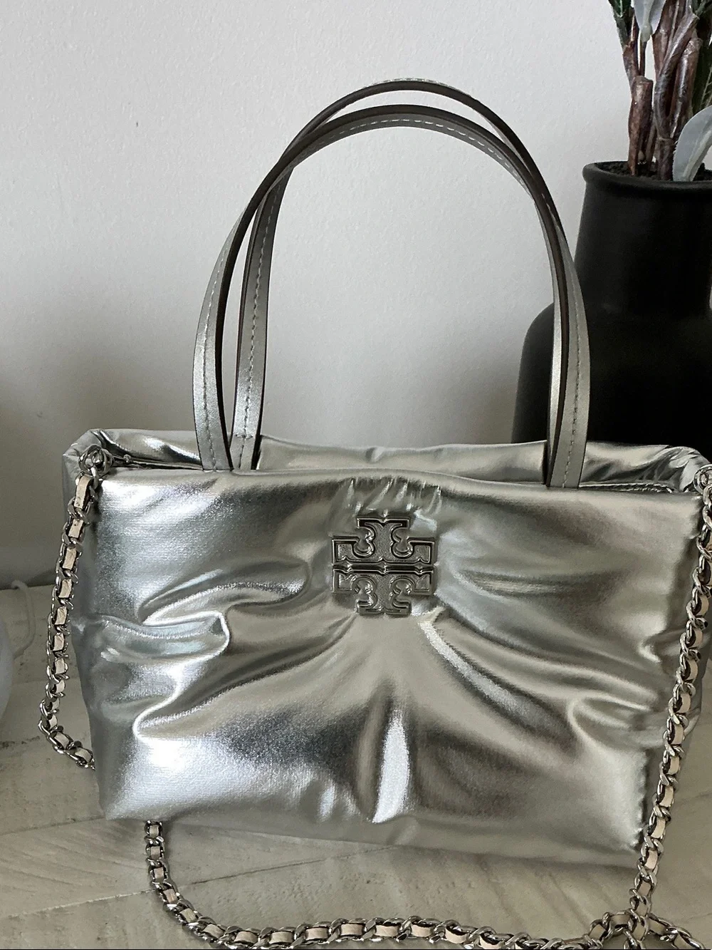 Tory Burch Britten Metallic Silver Puffy Mini Tote with Chain Strap
